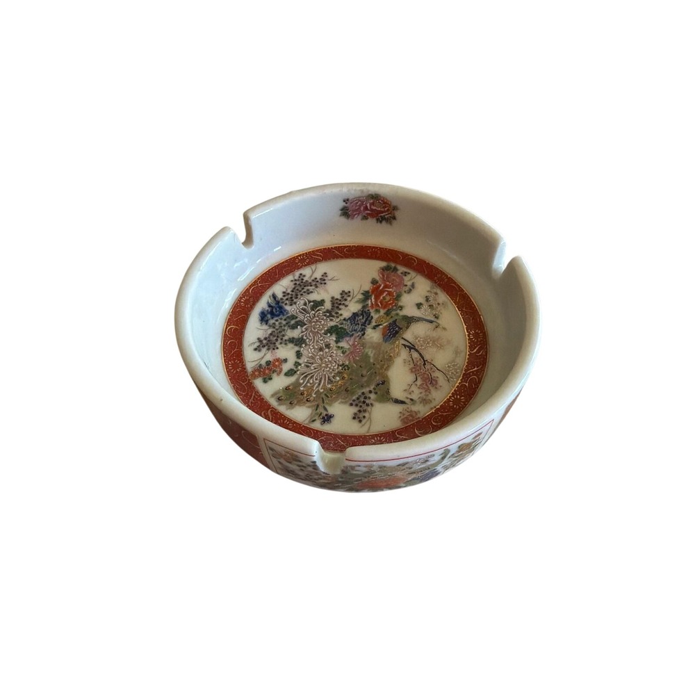 Satsuma Ashtray Multicolor Vintage Japanese Porcelain Peacock Floral Gold Gilt